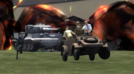 Players are driving a car away from a large explosion in a PVP Gmod server