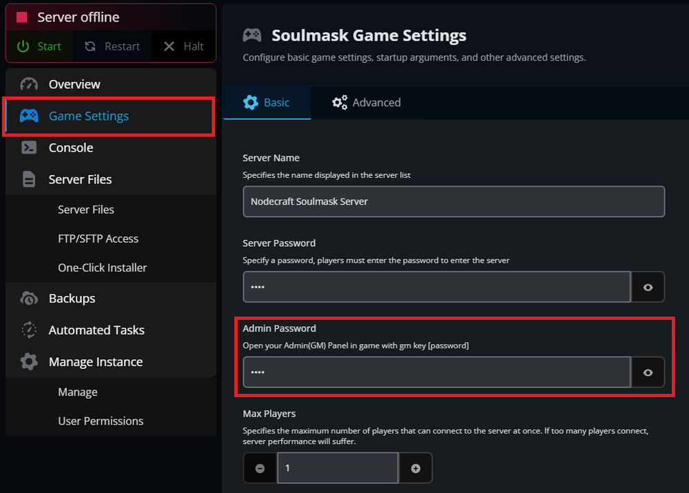 The Admin Password setting for a Soulmask server