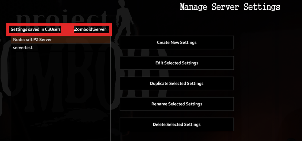 Project Zomboid server settings screen highlighting where to locate the local config file