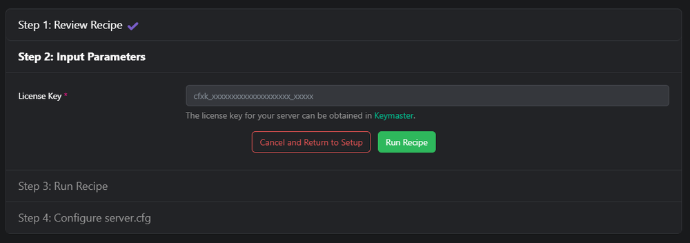 The second step of the recipe deployment process, prompting for the license key required for the server. A 