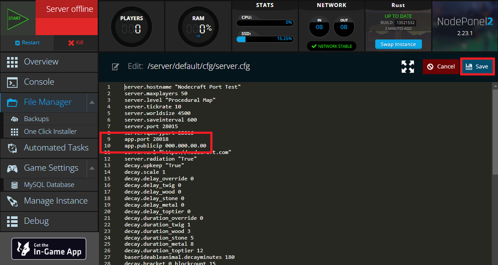 A view of Nodepanel's File Manager editor, adding the information to setup the Rust+ app for a Rust server.