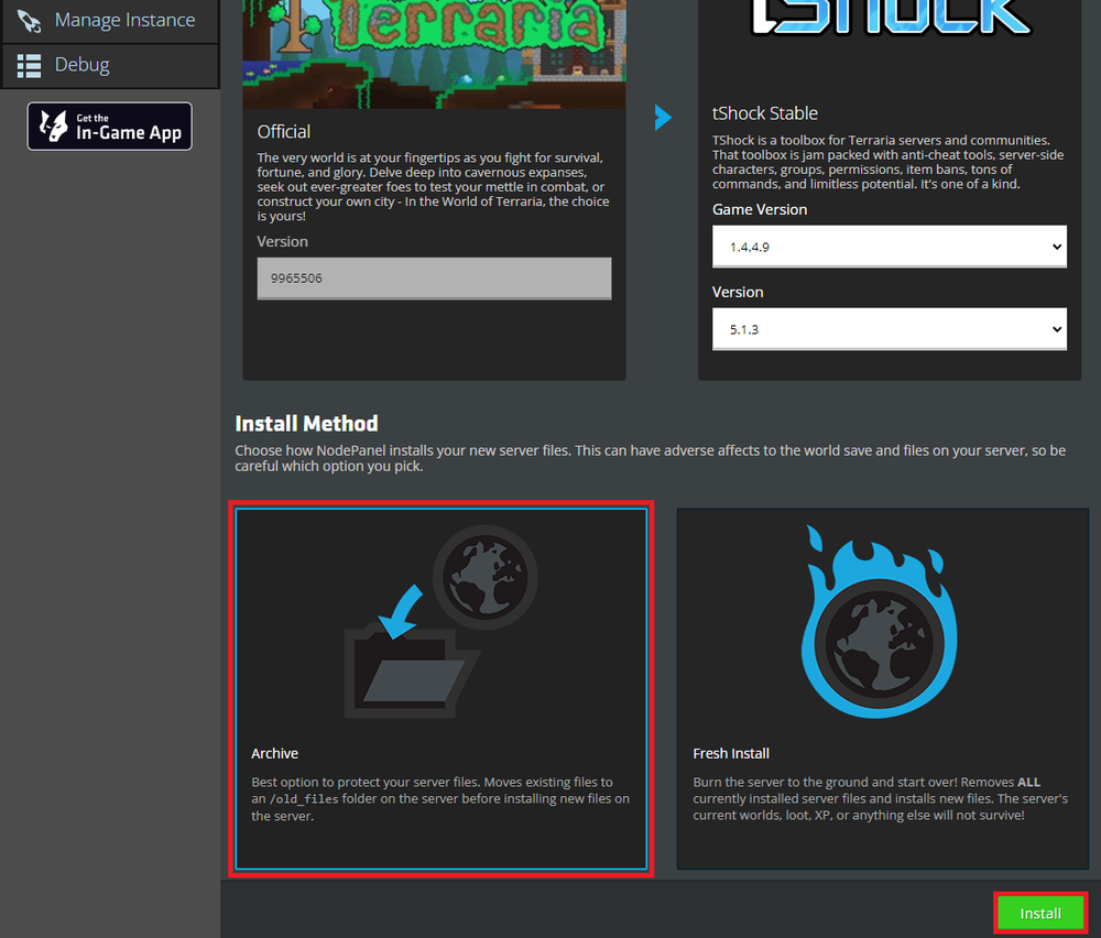 A view of the One Click Installer installing TShock via the Archive method in Nodepanel