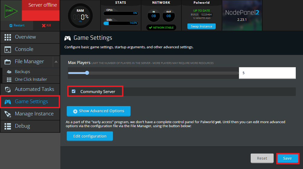 A view of the Game Settings tab for a Palworld server within Nodepanel. Enabling the Community Server setting.