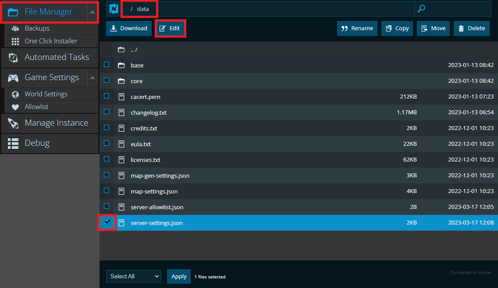 A view of the server-settings.json file location within Nodepanel for Factorio