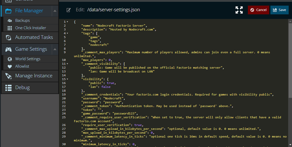 A view of the server-settings.json file contents within Nodepanel for Factorio