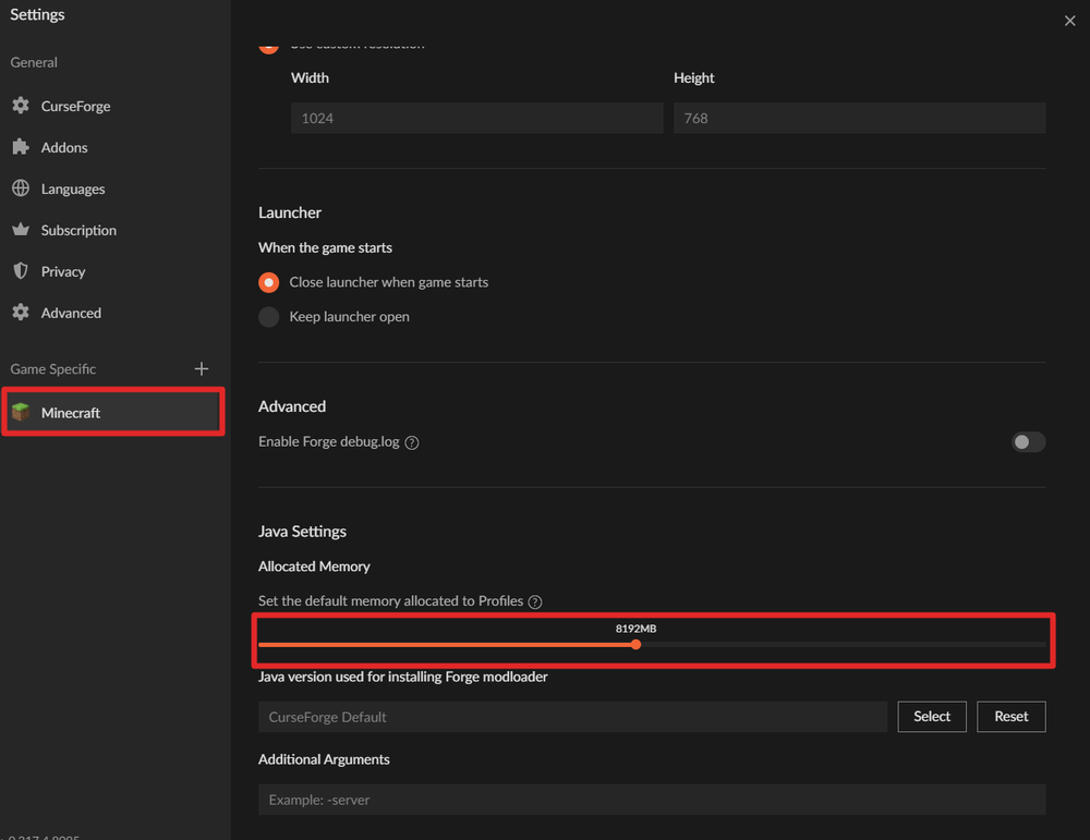 Setting the default memory allocation in the CurseForge launcher