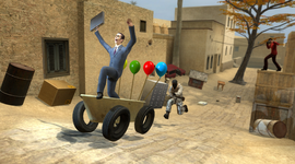 Gman from the game gmod is riding in a tub with balloons attached to it, and being chased from a Counter Strike player