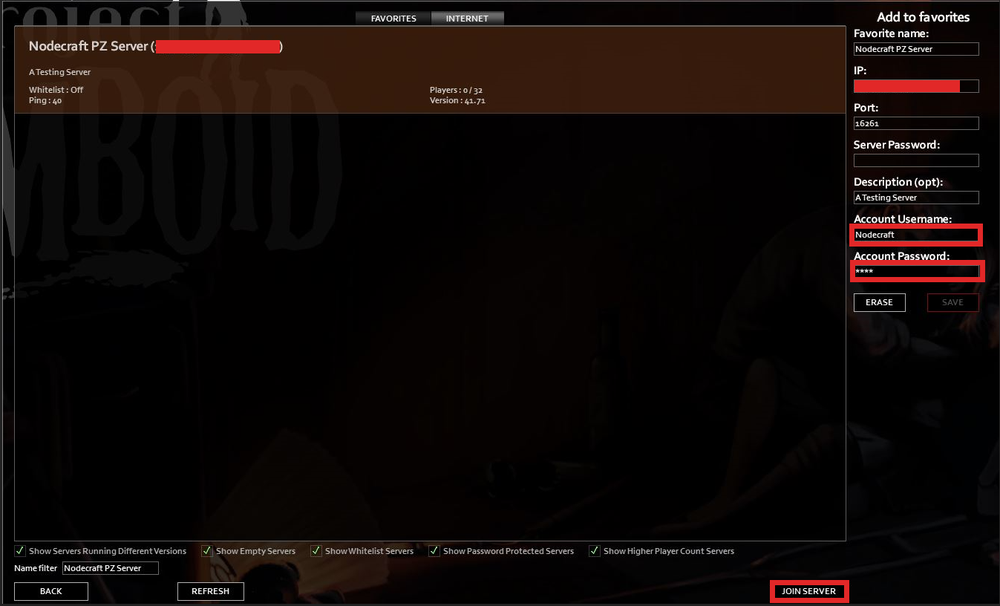 Joining a Project Zomboid server from the Internet listings tab