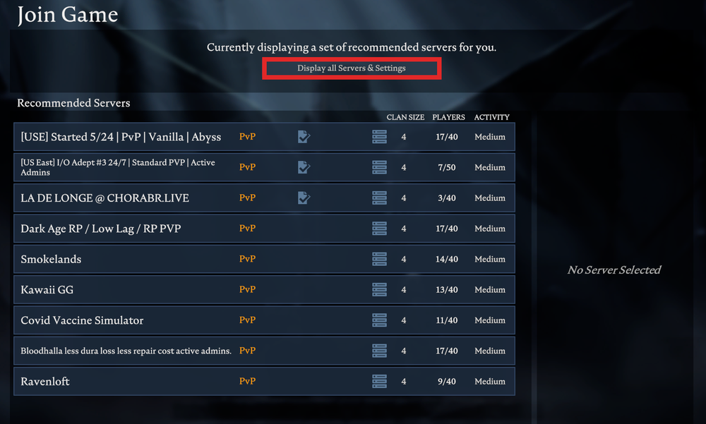 V Rising Recommended Server's Menu highlighting display all servers button