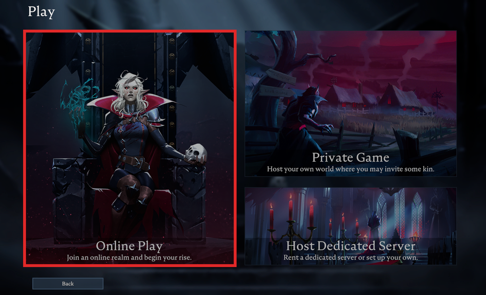 The V Rising Play Menu highlighting the Online Play selection