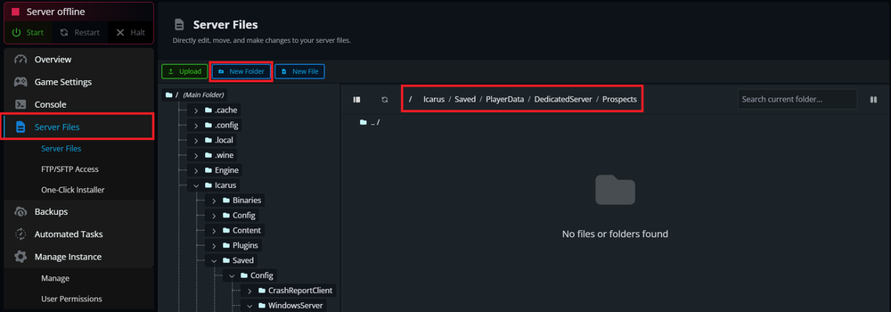 Creating the required folders to upload Prospect files for Icarus in Nodecraft Pro