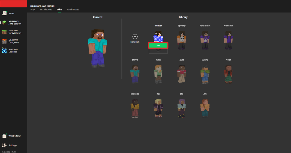 Selecting a custom skin from the Minecraft Java Edition launcher. 