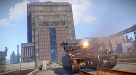 Screenshot of a Rust tank shooting at a fortress