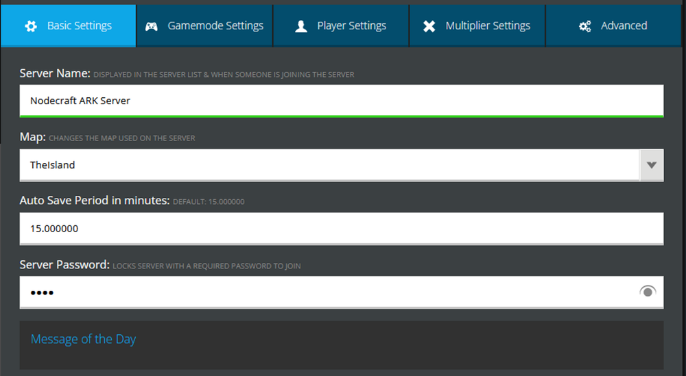 Nodepanel Game Settings for ARK