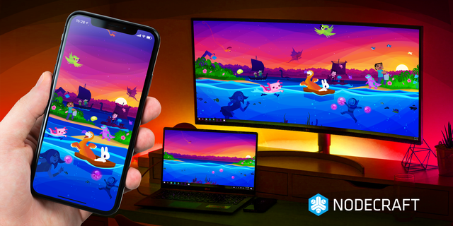 Wallpapers showing game characters swimming in a vivid sunset over the ocean, displayed on phone, tablet, and desktop.