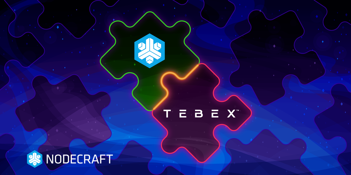 Nodecraft and Tebex logos puzzle piecing together on a deep blue background of space.