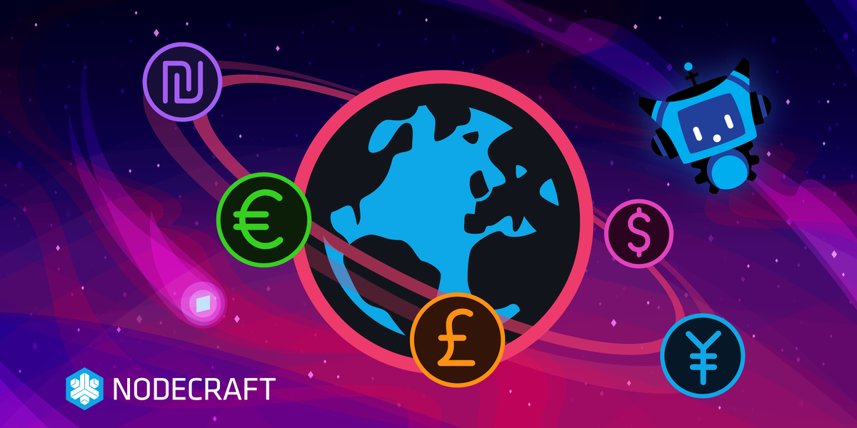 Currency symbols in bright colors orbit around the earth, with a blue NodeBot