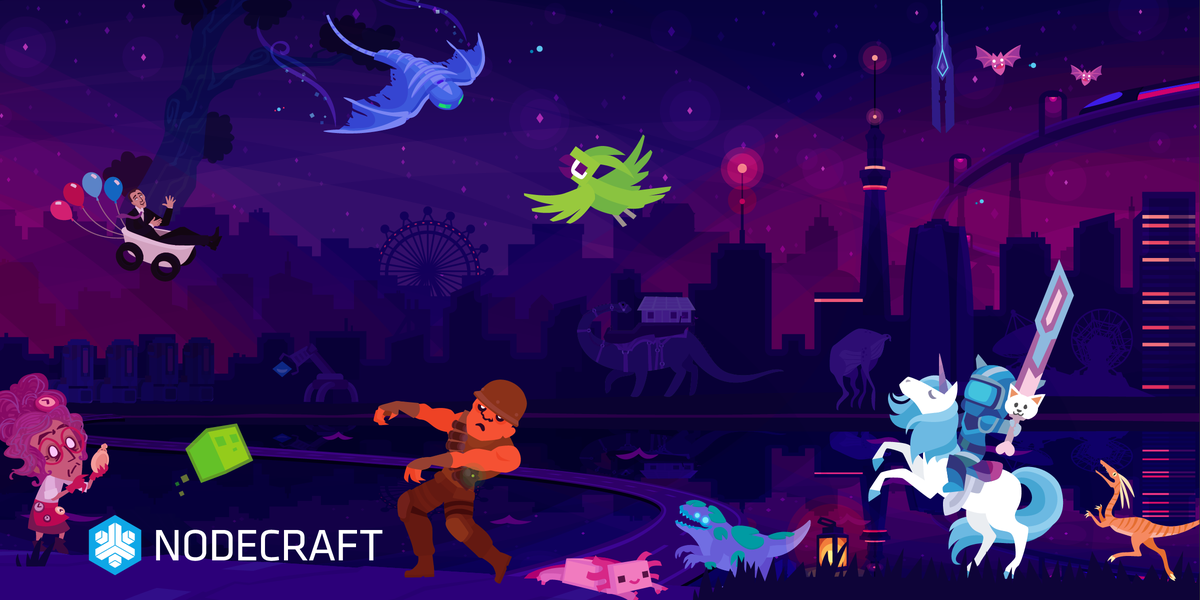 Characters from many games in front of a purple-pink cityscape.