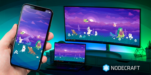 Phones and monitors showing variations on a spring sunset wallpaper with game characters.