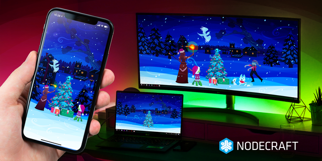 Wallpapers on phone and desktop: Game characters gather around a holiday tree in front of a snowy village.