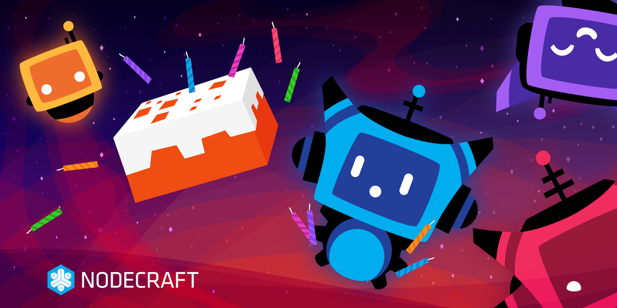 Nodebots float in space with a cake and 11 candles