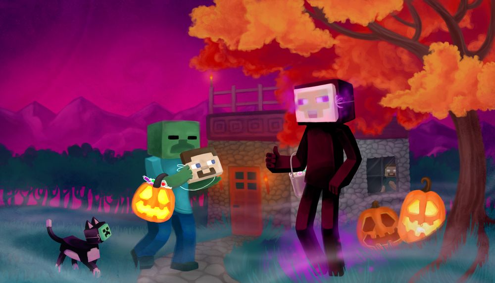 A creeper and an enderman go trick or treating at Herobrine's house, in a painterly art style.