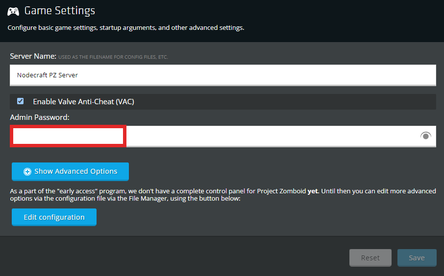 Nodepanel Game Settings highlighting where to enter the admin password